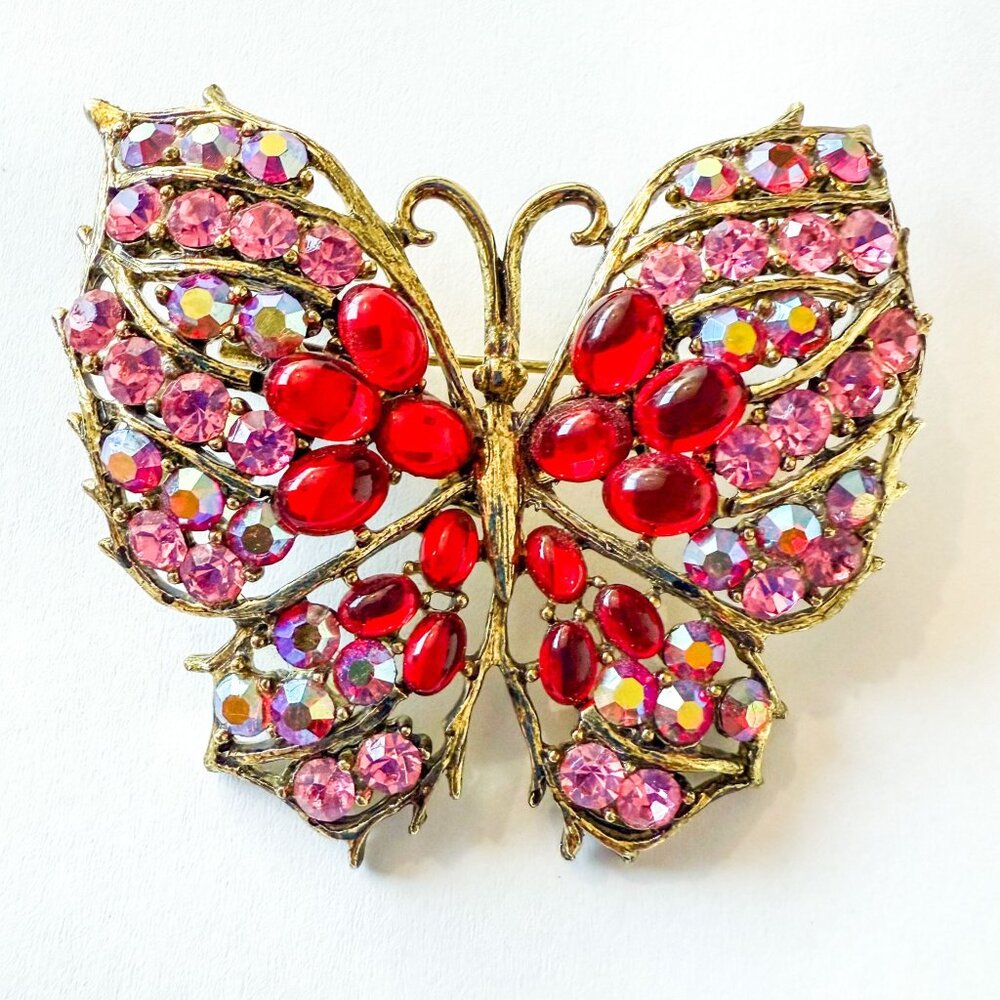 Weiss Butterfly Gold Tone Pink Rhinestones Red Cabochon Brooch & Clip-On Earring - Picture 2 of 8
